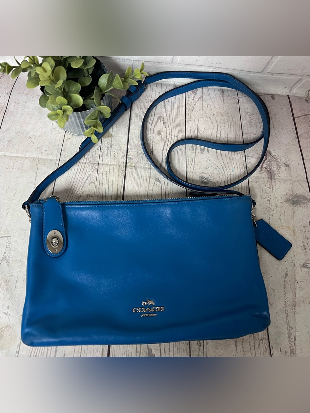 COACH Crosby Double Zip Crossbody Bag Teal Blue Smooth Leather Turnlock Shoulder